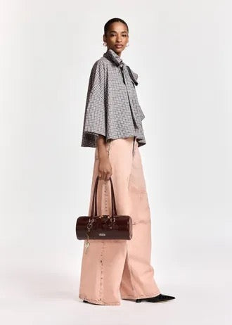 Brown, dark grey and off-white checked pussy-bow top with trumpet sleeves