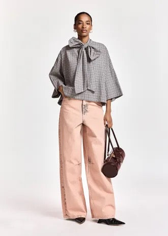 Brown, dark grey and off-white checked pussy-bow top with trumpet sleeves
