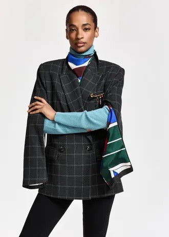 Dark grey and off-white checked double-breasted blazer with underarm zip detail