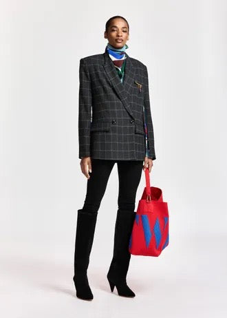 Dark grey and off-white checked double-breasted blazer with underarm zip detail
