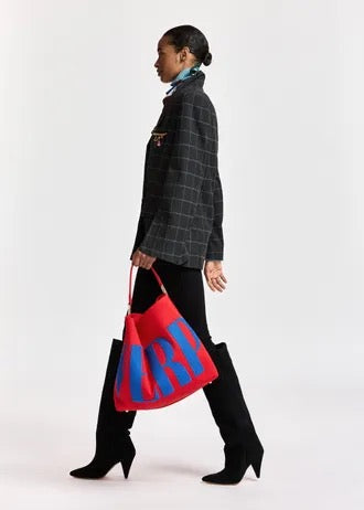 Dark grey and off-white checked double-breasted blazer with underarm zip detail