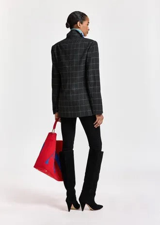 Dark grey and off-white checked double-breasted blazer with underarm zip detail