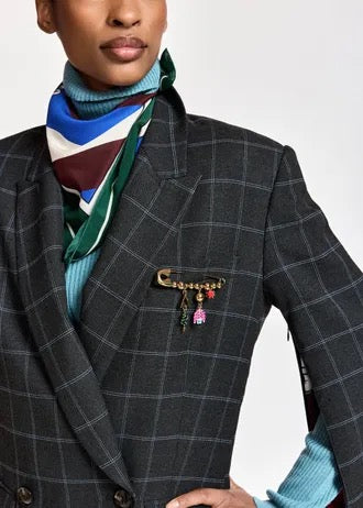 Dark grey and off-white checked double-breasted blazer with underarm zip detail