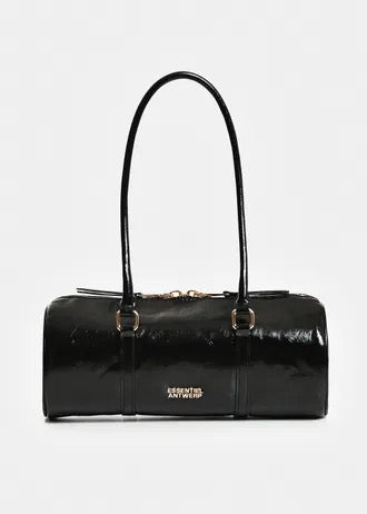 Black glossy shoulder baguette bag