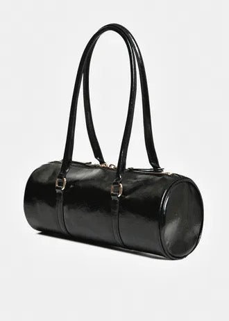 Black glossy shoulder baguette bag