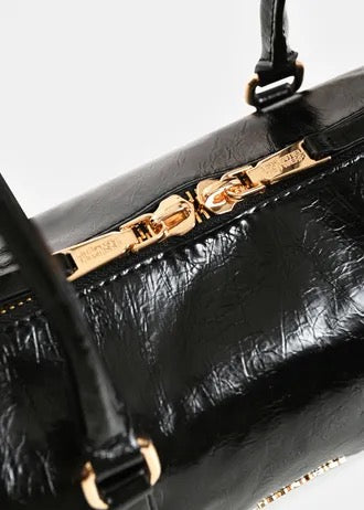 Black glossy shoulder baguette bag