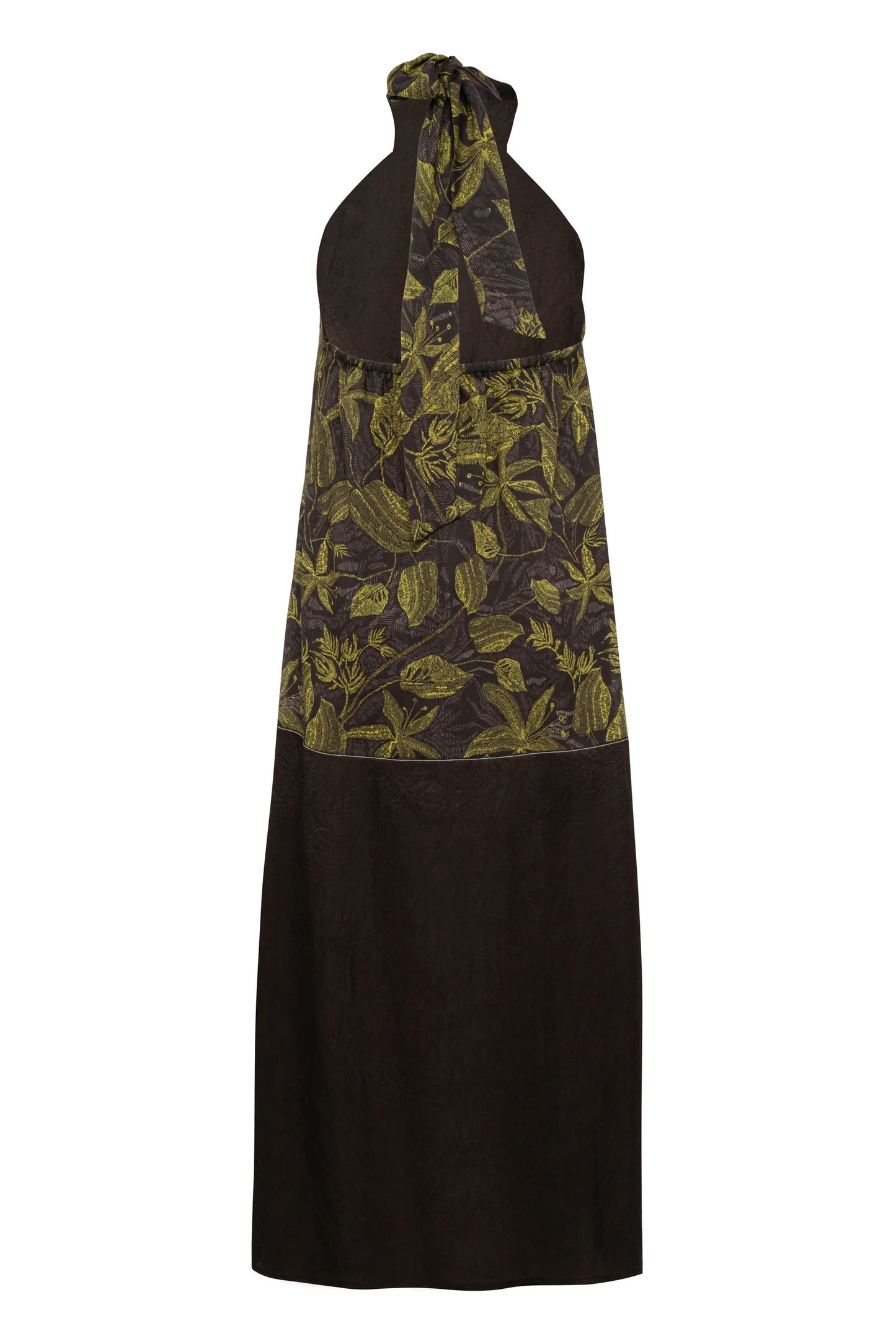 Abito lungo halter neck in ramie con stampa floreale verde