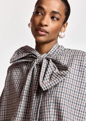 Brown, dark grey and off-white checked pussy-bow top with trumpet sleeves