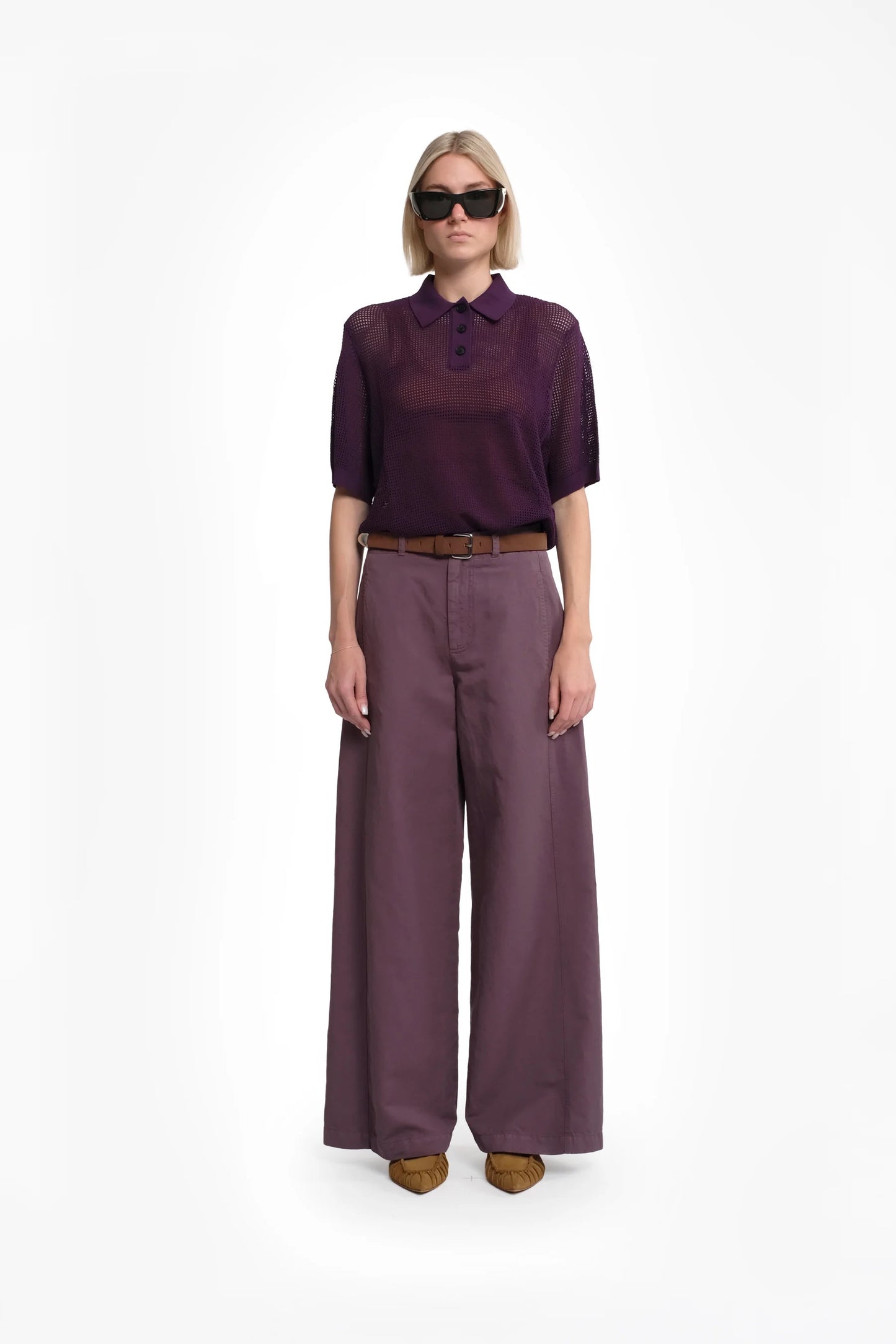 Wide-Leg Plum Purple Linen-Cotton Trousers