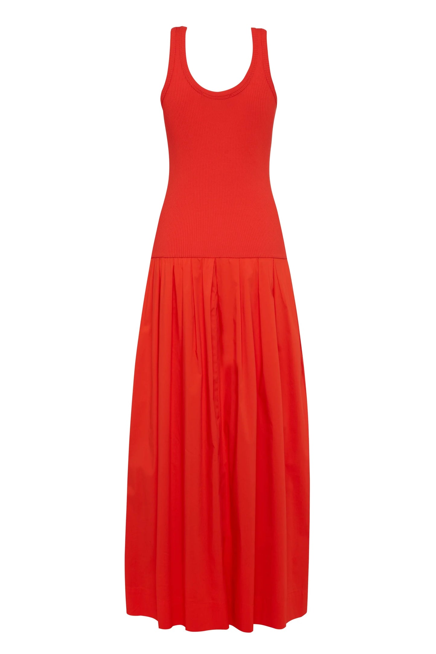 Sleeveless Red Ribbed Cotton Jersey Maxi Dress With Pleated Skirt