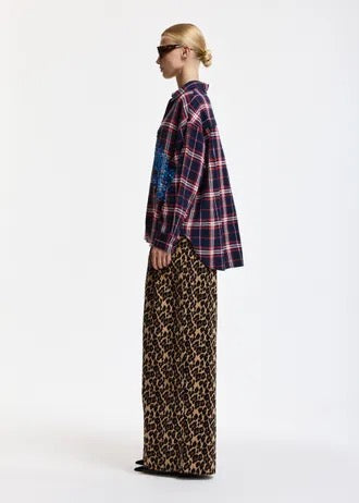 Camicia oversize a quadri rossi, navy e blu decorata con paillettes