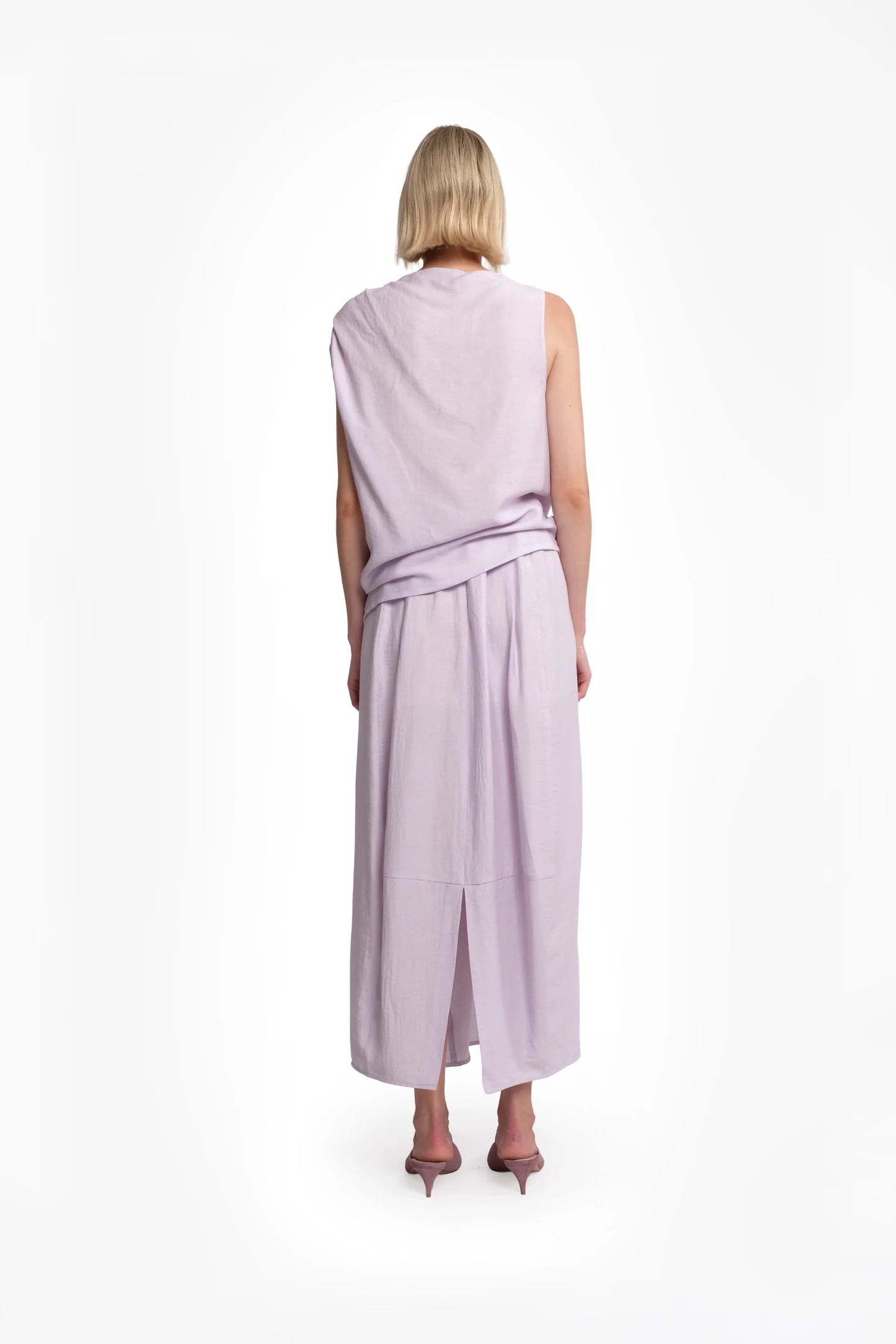 Gonna maxi con pieghe in lino-viscosa colore lilla e spacco sul retro