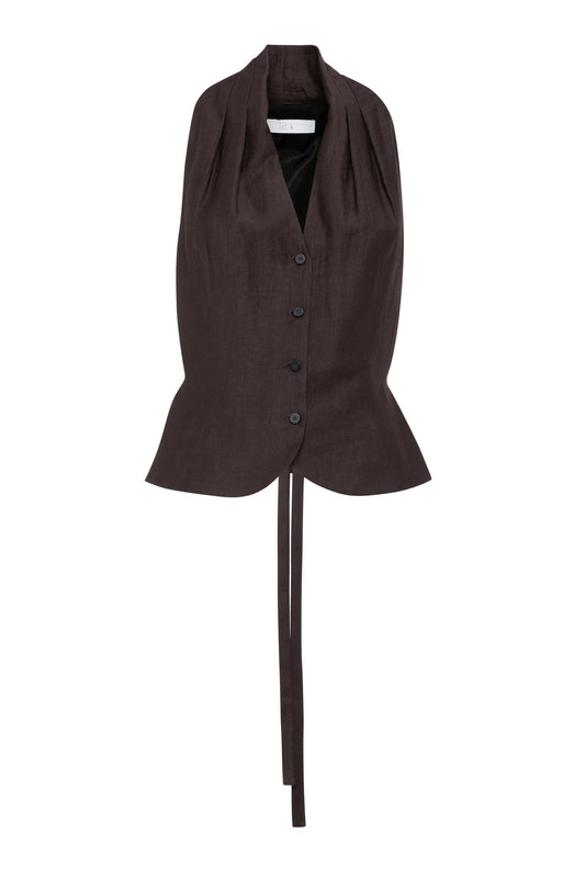 Gilet con bottoni in lino-viscosa colore marrone cioccolato
