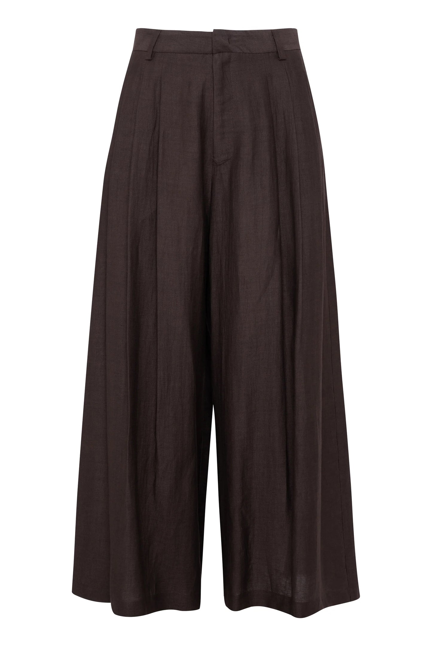 Pantaloni culotte a gamba larga in lino-viscosa colore marrone cioccolato