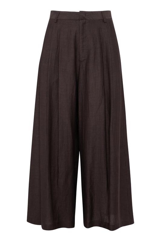 Pantaloni culotte a gamba larga in lino-viscosa colore marrone cioccolato