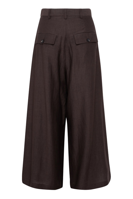 Pantaloni culotte a gamba larga in lino-viscosa colore marrone cioccolato