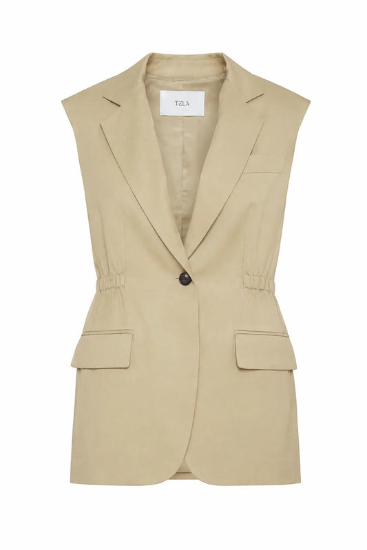 Gilet monopetto colore beige con bottoni e arricciatura in vita in viscosa