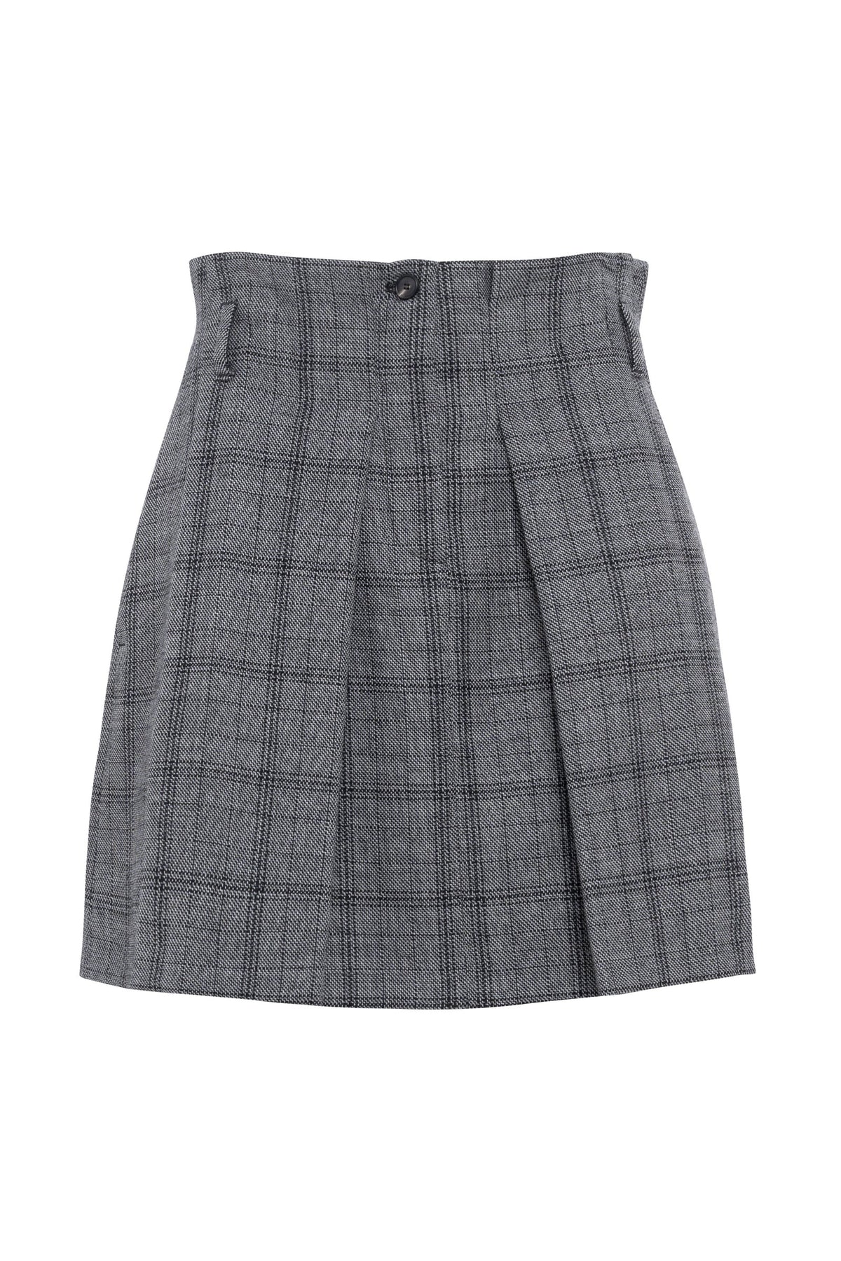 Checked Wool Pleated Mini Skirt With Fitted Waist