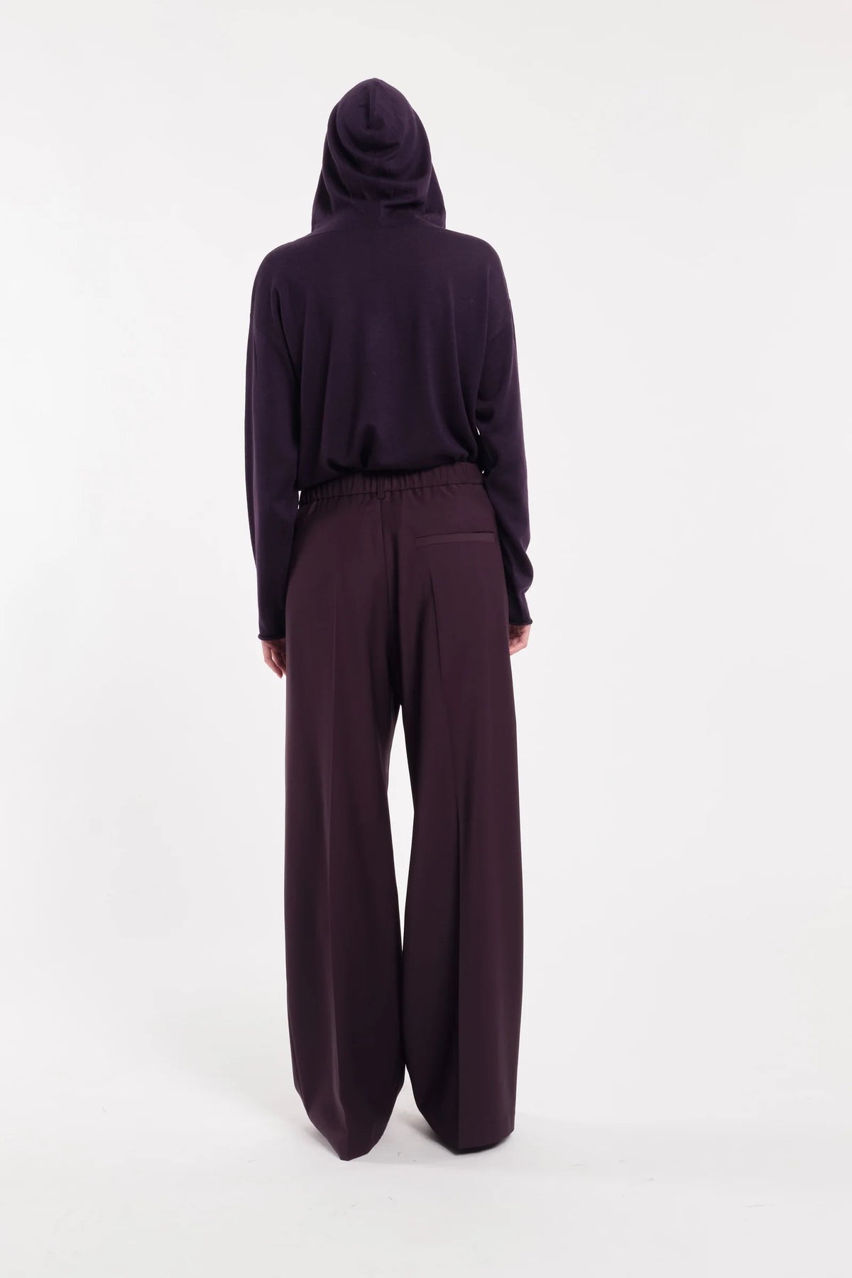 Pantaloni a gamba dritta viola scuro con pinces in lana tecnica