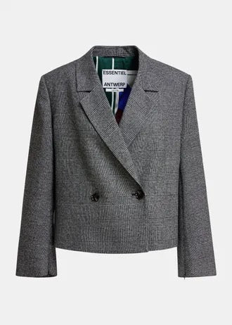 Grey and black cropped double-breasted checked blazer with underarm zip detail