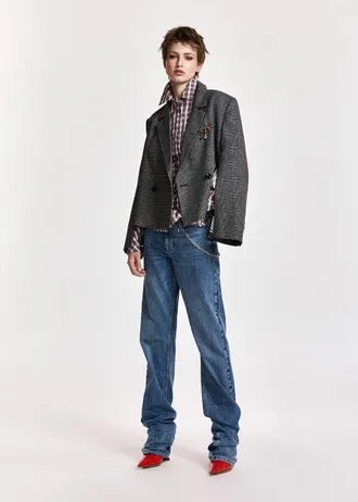 Grey and black cropped double-breasted checked blazer with underarm zip detail