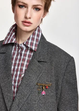Grey and black cropped double-breasted checked blazer with underarm zip detail
