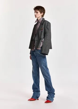 Grey and black cropped double-breasted checked blazer with underarm zip detail