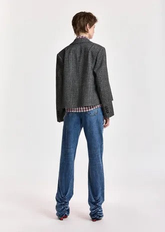 Grey and black cropped double-breasted checked blazer with underarm zip detail