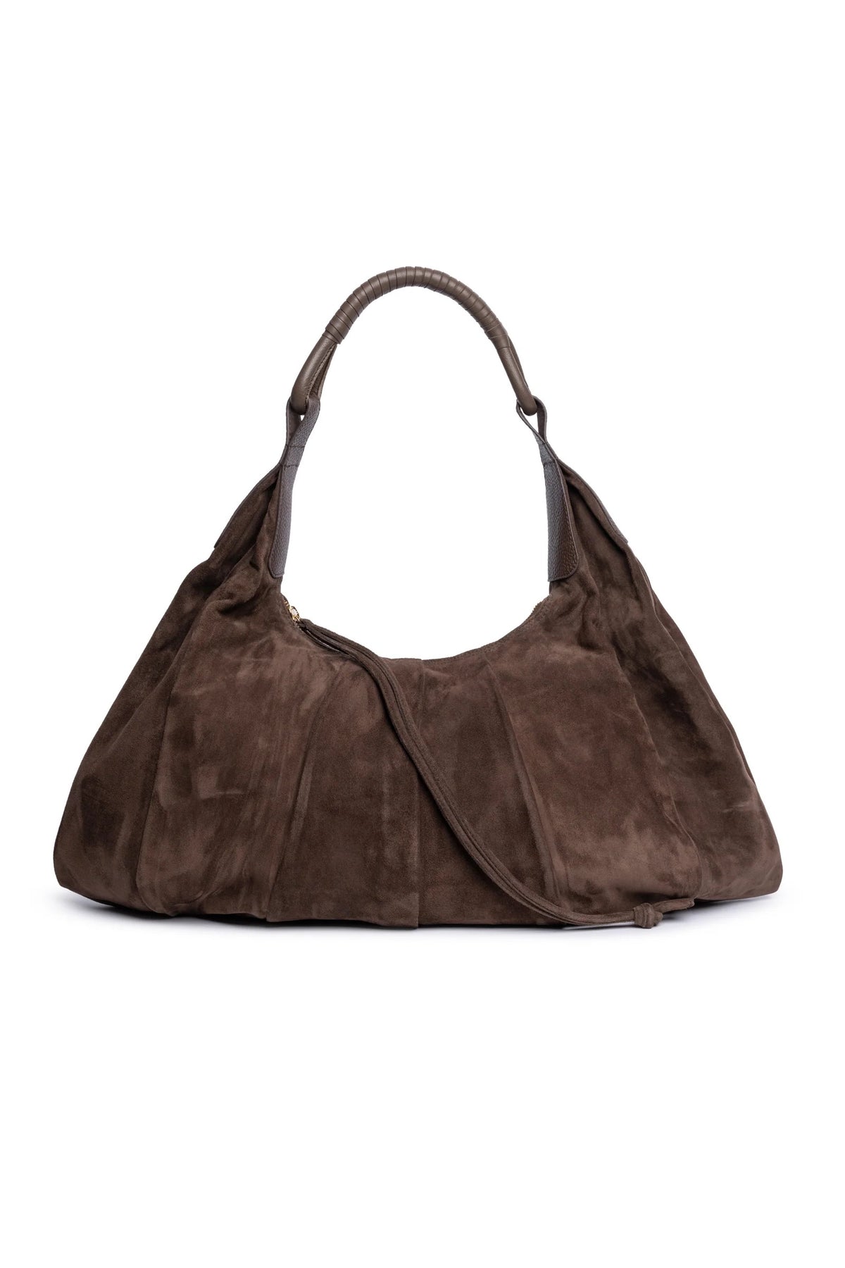 Shopper grande in suede marrone con manico in pelle