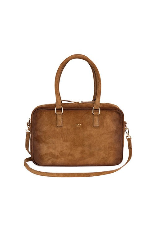 Borsa a bauletto in pelle scamosciata color tabacco