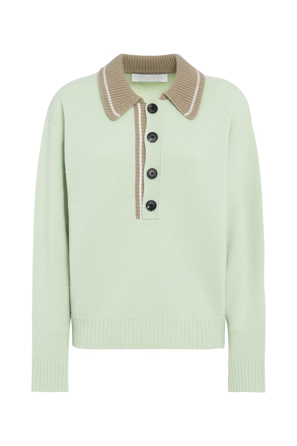 Maglia polo a maniche lunghe in lana colore verde menta con colletto e bottoni beige a contrasto