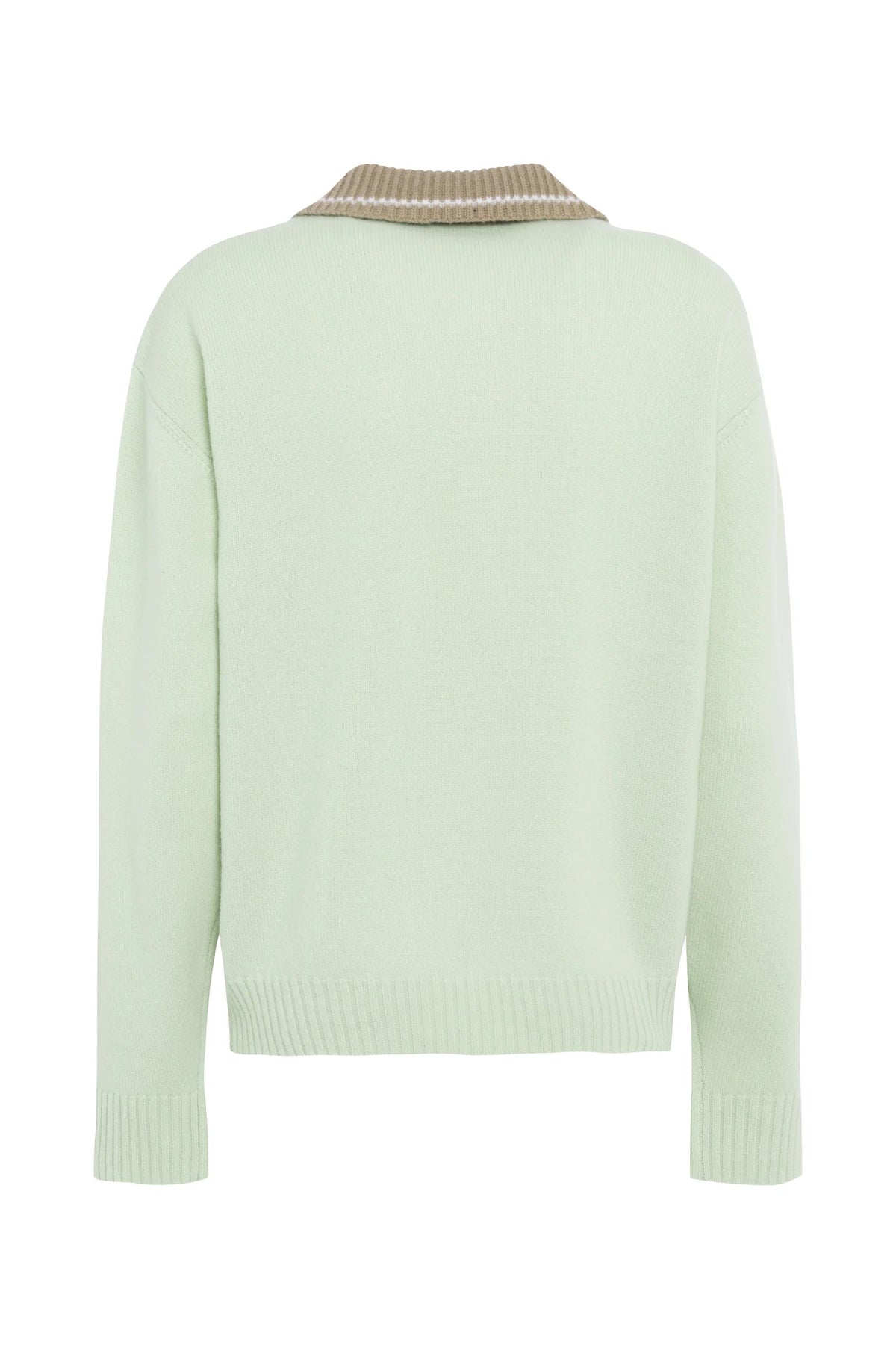 Maglia polo a maniche lunghe in lana colore verde menta con colletto e bottoni beige a contrasto