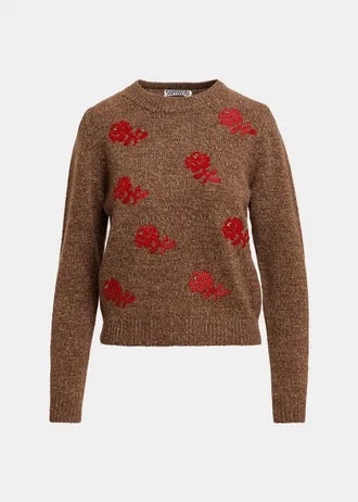 Maglione in lana jacquard a fantasia floreale marrone e rossa