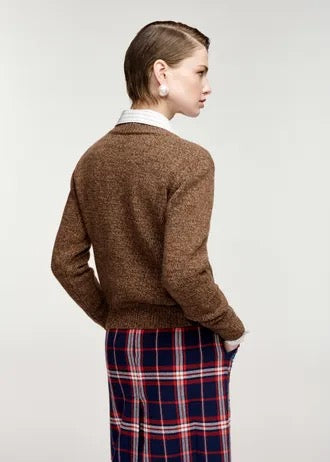 Maglione in lana jacquard a fantasia floreale marrone e rossa
