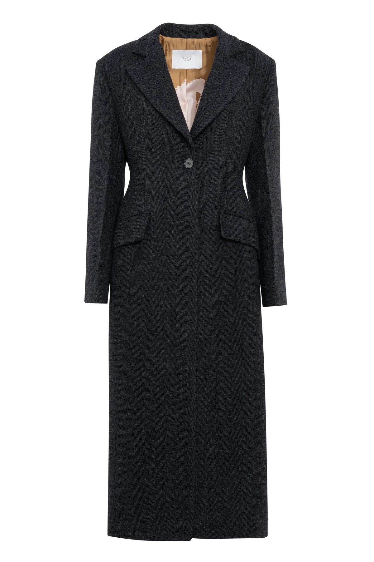 Cappotto lungo monopetto in tweed spinato con vita sartoriale colore grigio antracite