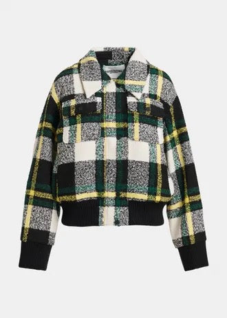Giacca bomber a quadri neri, bianco off-white e gialli con collo in pelliccia sintetica removibile.