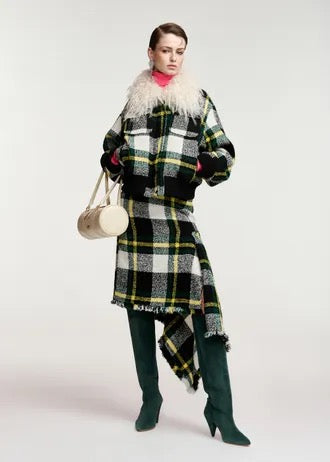 Giacca bomber a quadri neri, bianco off-white e gialli con collo in pelliccia sintetica removibile.