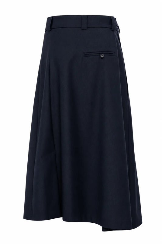 Gonna midi a portafoglio asimmetrica in twill di lana blu scuro Prezzo di listino