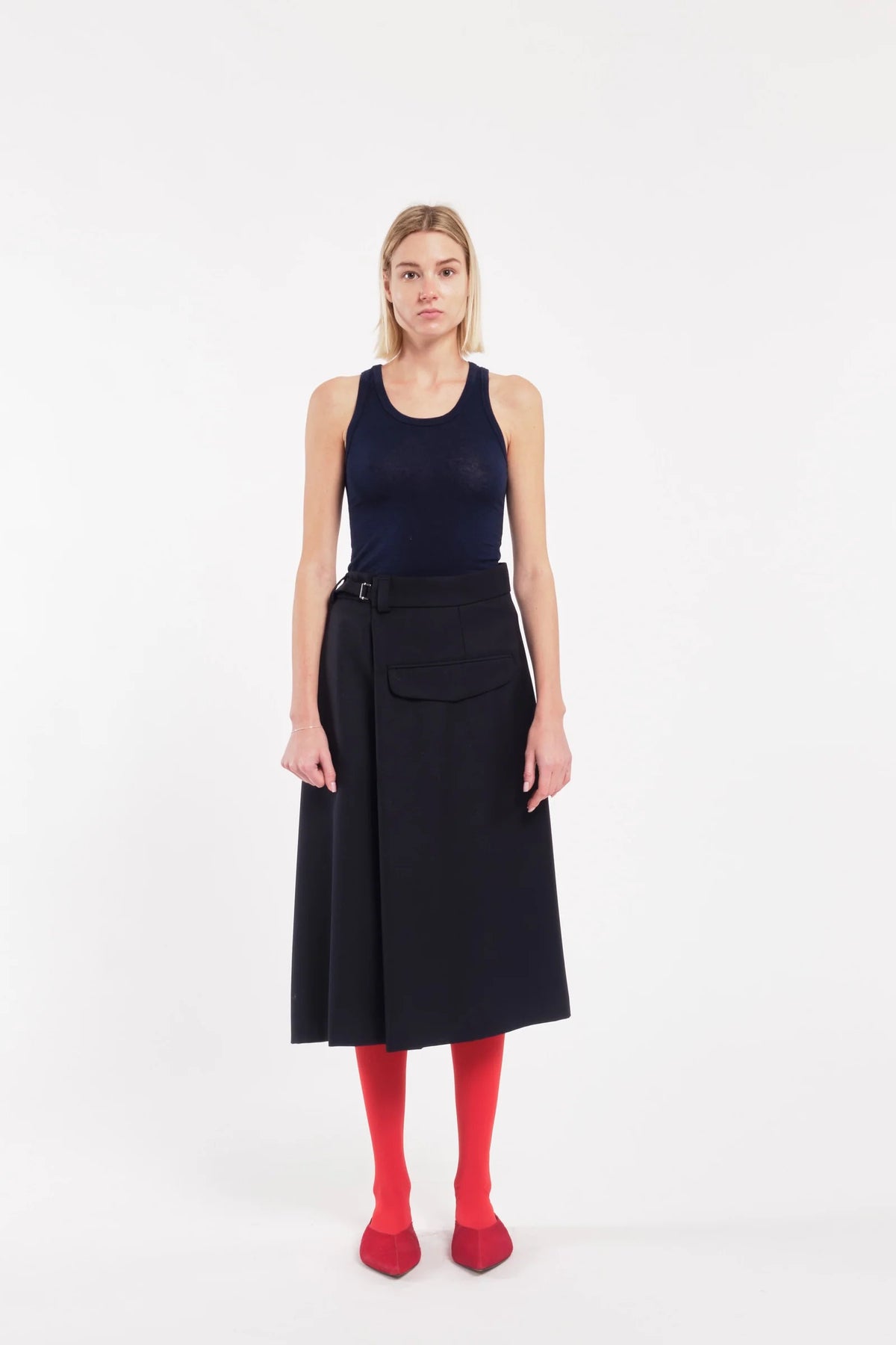 Gonna midi a portafoglio asimmetrica in twill di lana blu scuro Prezzo di listino