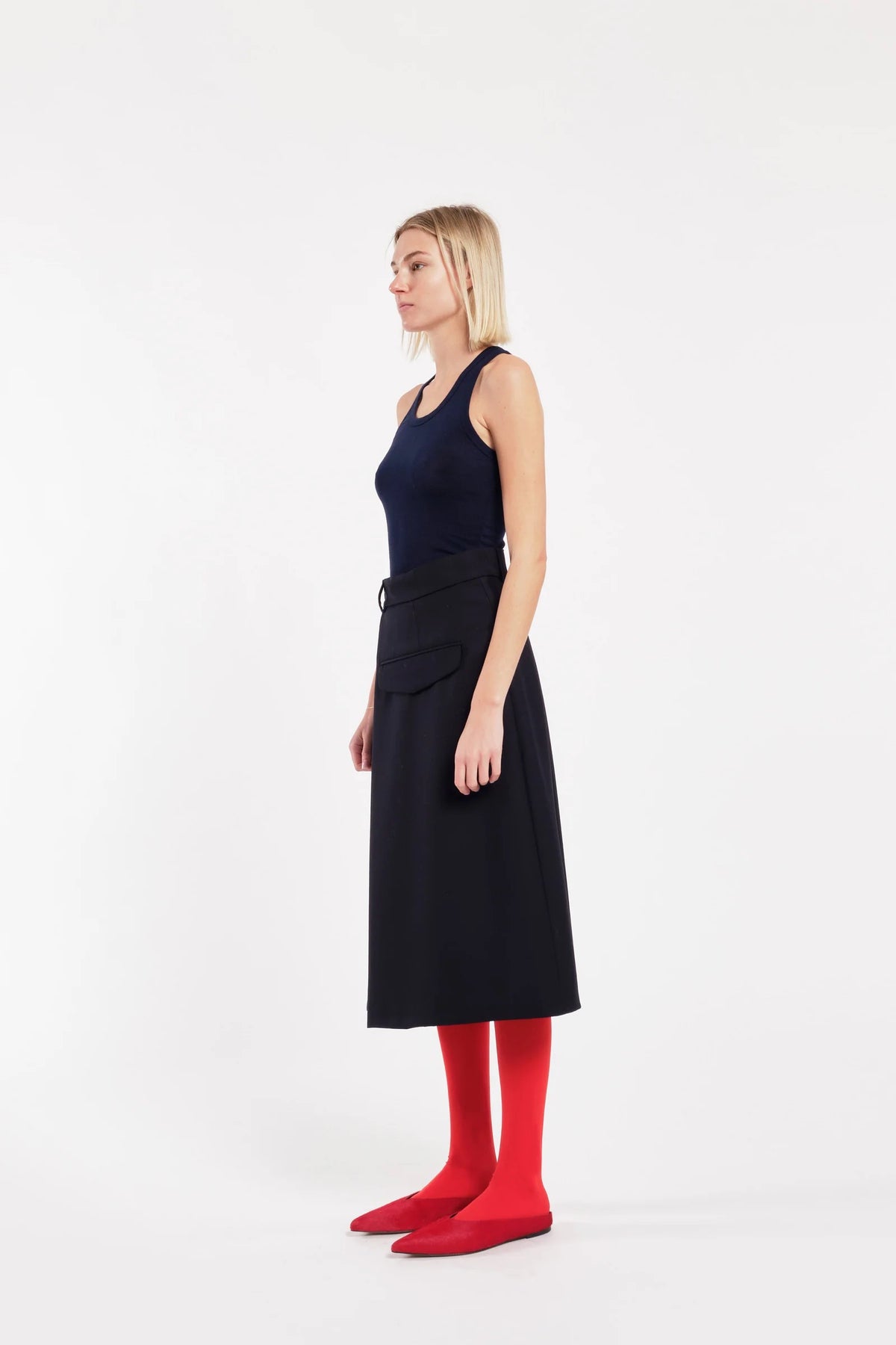 Gonna midi a portafoglio asimmetrica in twill di lana blu scuro Prezzo di listino