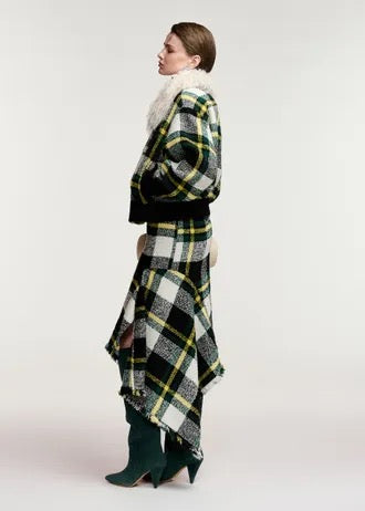 Giacca bomber a quadri neri, bianco off-white e gialli con collo in pelliccia sintetica removibile.