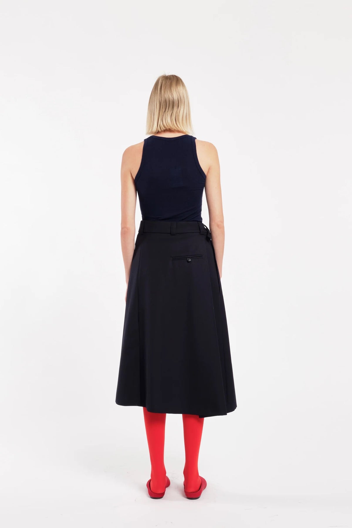 Gonna midi a portafoglio asimmetrica in twill di lana blu scuro Prezzo di listino