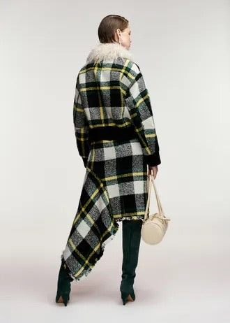 Giacca bomber a quadri neri, bianco off-white e gialli con collo in pelliccia sintetica removibile.