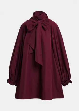 Burgundy oversized A-line mini dress with pussy-bow neckline