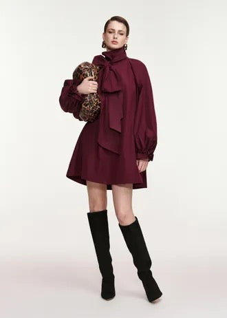 Burgundy oversized A-line mini dress with pussy-bow neckline