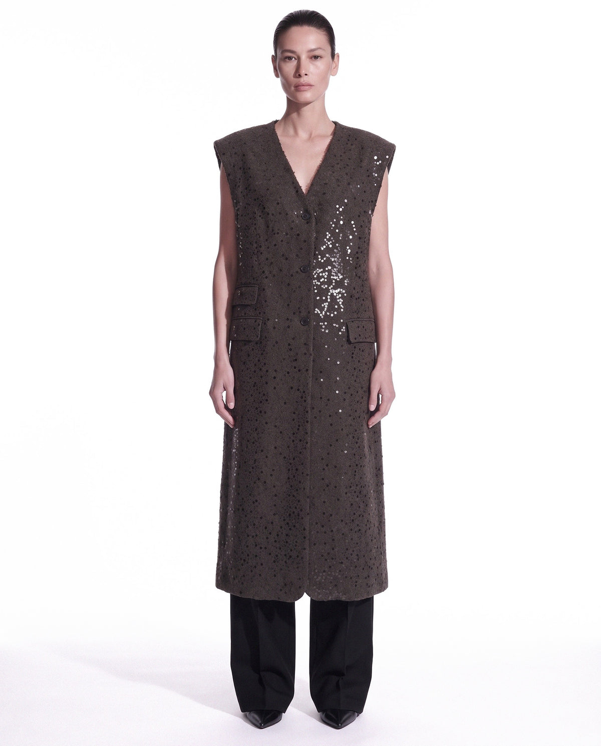 GILET LUNGO IN MISTO LANA CON PAILLETTES RICAMATE