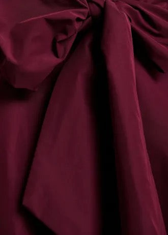 Burgundy oversized A-line mini dress with pussy-bow neckline