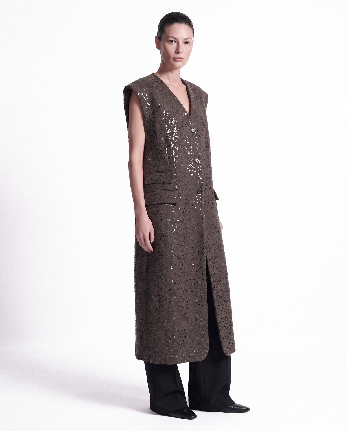 GILET LUNGO IN MISTO LANA CON PAILLETTES RICAMATE