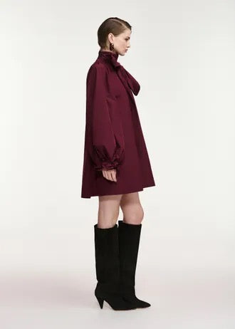 Burgundy oversized A-line mini dress with pussy-bow neckline