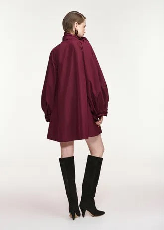 Burgundy oversized A-line mini dress with pussy-bow neckline